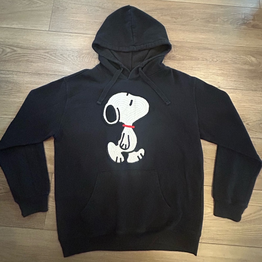 Peanuts‎ Snoopy Black Hoodie Chenille Patch Graphic Pullover Sweatshirt Size L